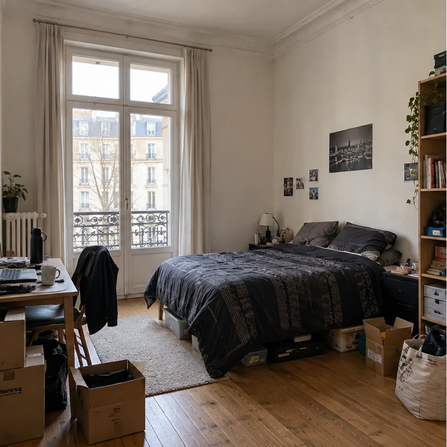 La même chambre avant modernisation, avec des objets encombrants