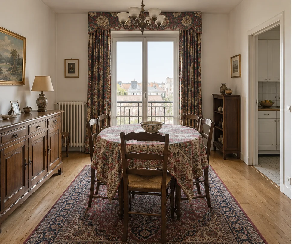 La même salle à manger avec une décoration ancienne